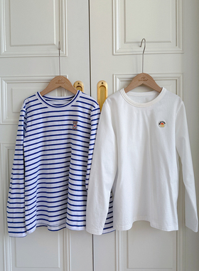 gugumini童装春秋季小学生刚需打底长袖白T恤条纹两件组合装