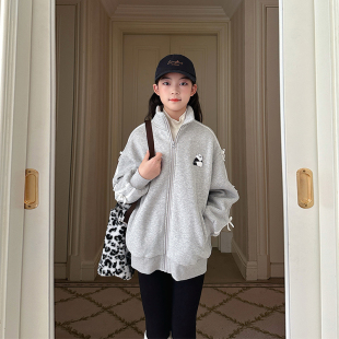 gugumini童装女童少女装冬季加绒加厚磨毛卫衣蝴蝶结开衫外套