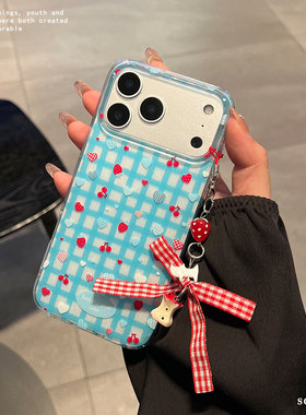 ins适用苹果17PPROMAX手机壳格纹爱心水果苹果大孔iPhone16保护套