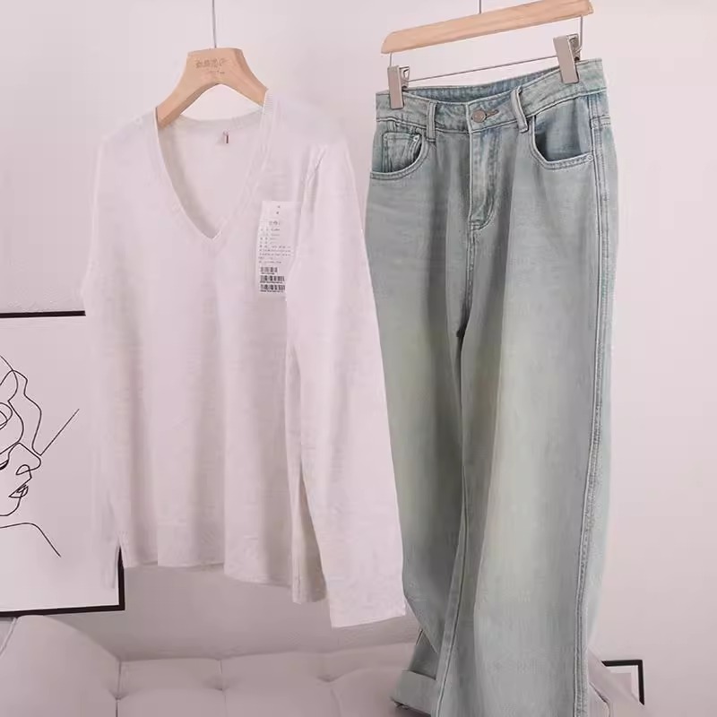 虹旺思汗长袖V领通勤羊绒