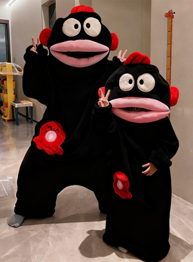 黑色丑鱼连体睡衣女冬季珊瑚绒卡通可爱搞怪睡袍大嘴鱼一体式男款