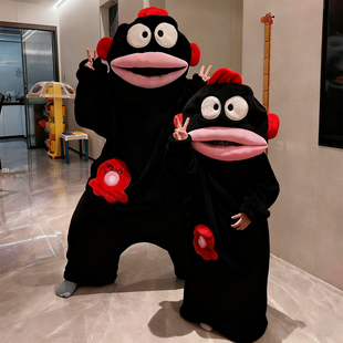 黑色丑鱼连体睡衣女冬季珊瑚绒卡通可爱搞怪睡袍大嘴鱼一体式男款