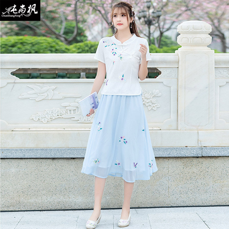 唐装套装女棉麻复古少女旗袍上衣民族汉服茶艺服装中国民国风女装