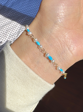 天然蓝松石淡水珍珠简约编织手链