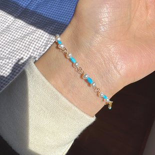 天然蓝松石长柱小珠14K注金高级感女款细简约淡水珍珠编织手链