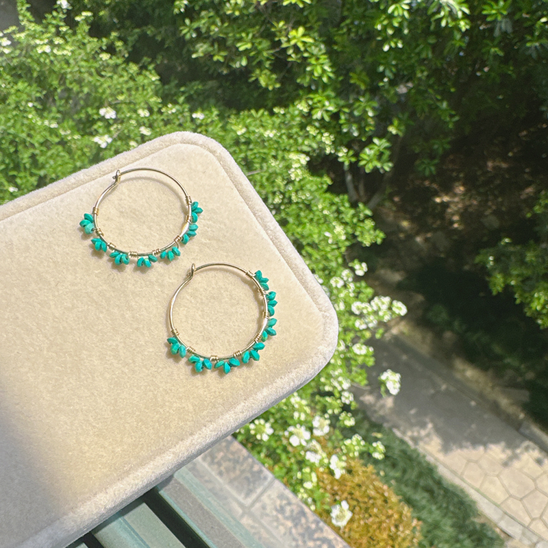 天然绿松石小花简约蕾丝圆耳圈