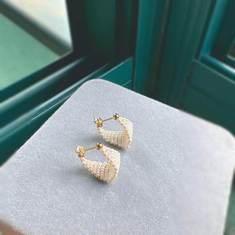 日式捷克小米珠立体三角小毯编织耳钉耳饰14k包金耳环