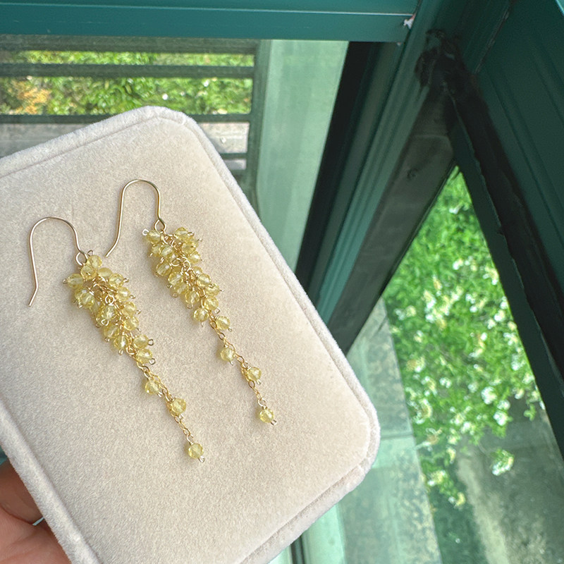 天然黄水晶葡萄串编织14k包金长耳环