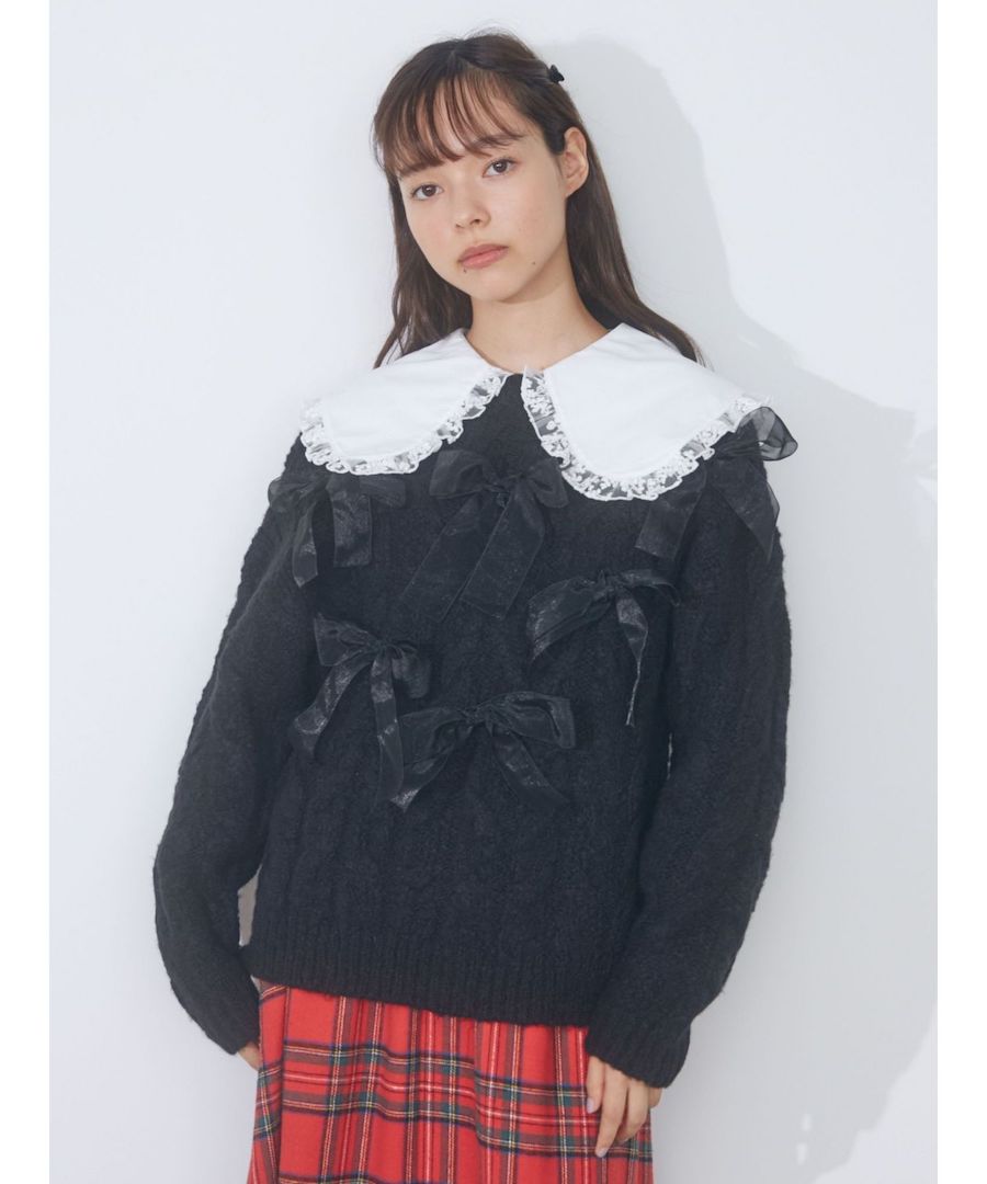 清仓 立体大蝴蝶结存在感装饰 麻花编织圆领套头宽松长袖毛衣