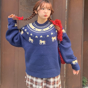 蓝色 复古圆领动物提花民族风费尔岛毛衣宽松针织衫 日单秋冬季 新款