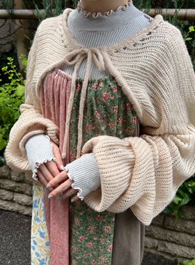 钩花花朵抽绳木耳边坎肩针织开衫