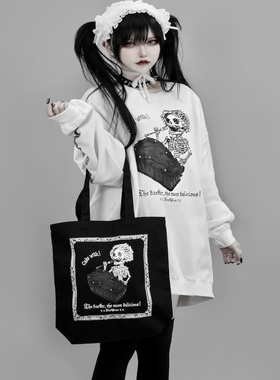 日系哥特风二次元加绒卫衣女白色宽松万圣节骷髅头图案上衣