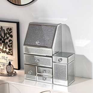 化妆品收纳盒桌面高级感抽屉式避光防尘护肤品置物架银色轻奢玻璃