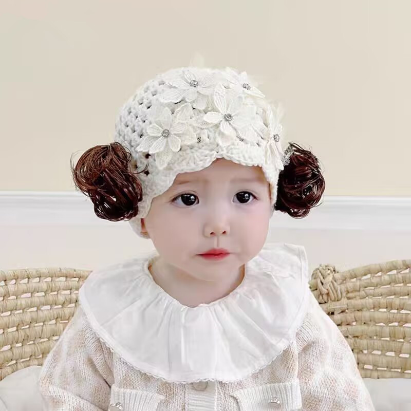 宝宝帽子春秋婴儿假发帽韩版花朵公主帽可爱冬超萌婴儿棉线帽纯棉