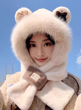 可爱小熊帽子围巾一体两件套