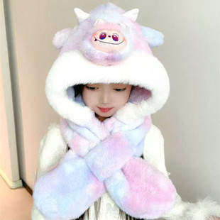 耳朵会动帽子围巾一体儿童秋冬加绒加厚保暖卡通护耳帽男女宝宝