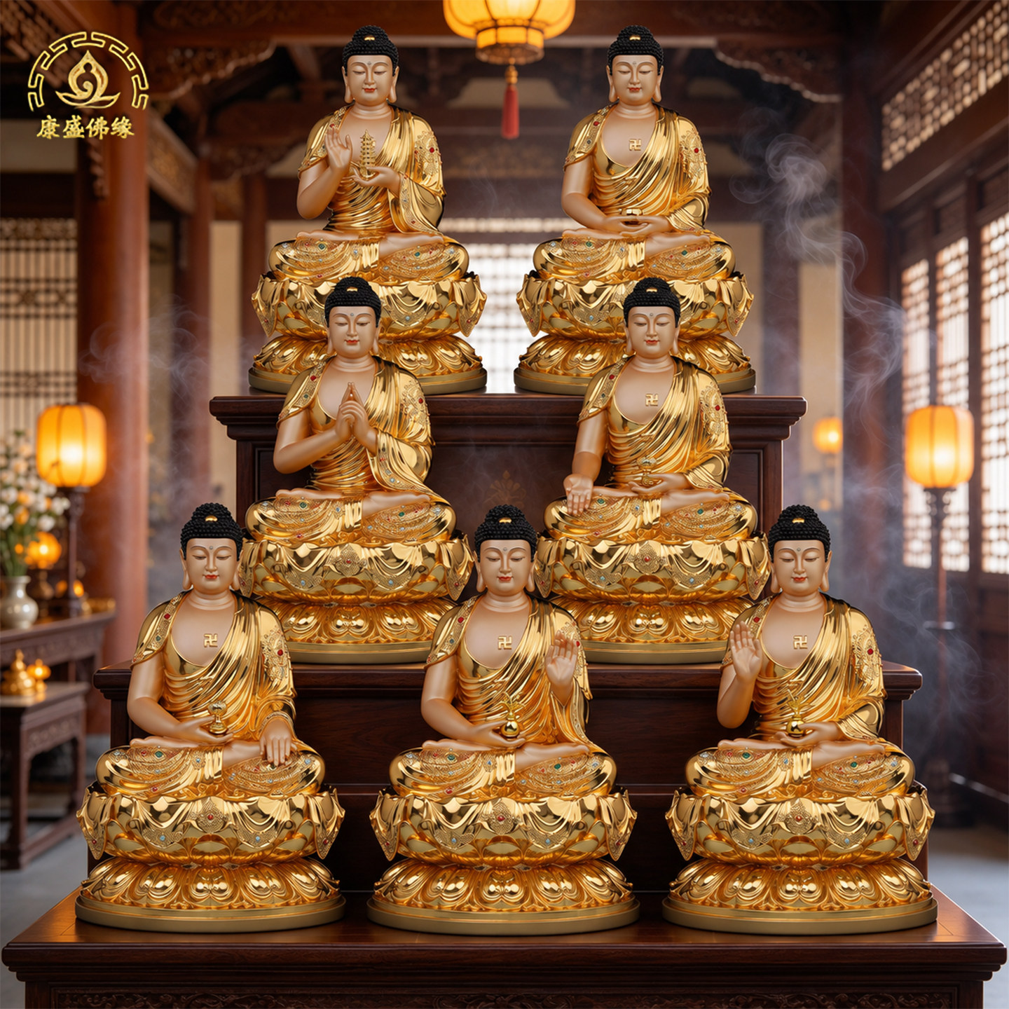 药师七佛像黄铜贴金佛堂供奉摆件