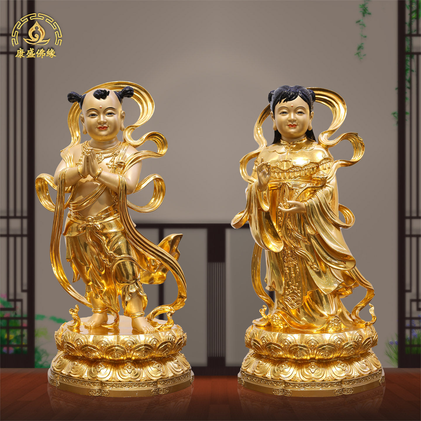 纯铜贴金善财童子龙女佛像金童玉女送财童男童女铜像客厅招财摆件