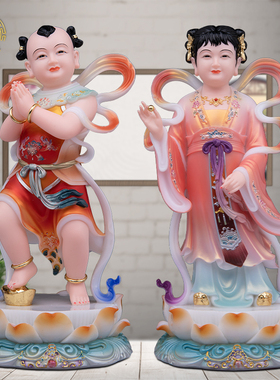 金童玉女神像汉白玉中式客厅彩绘