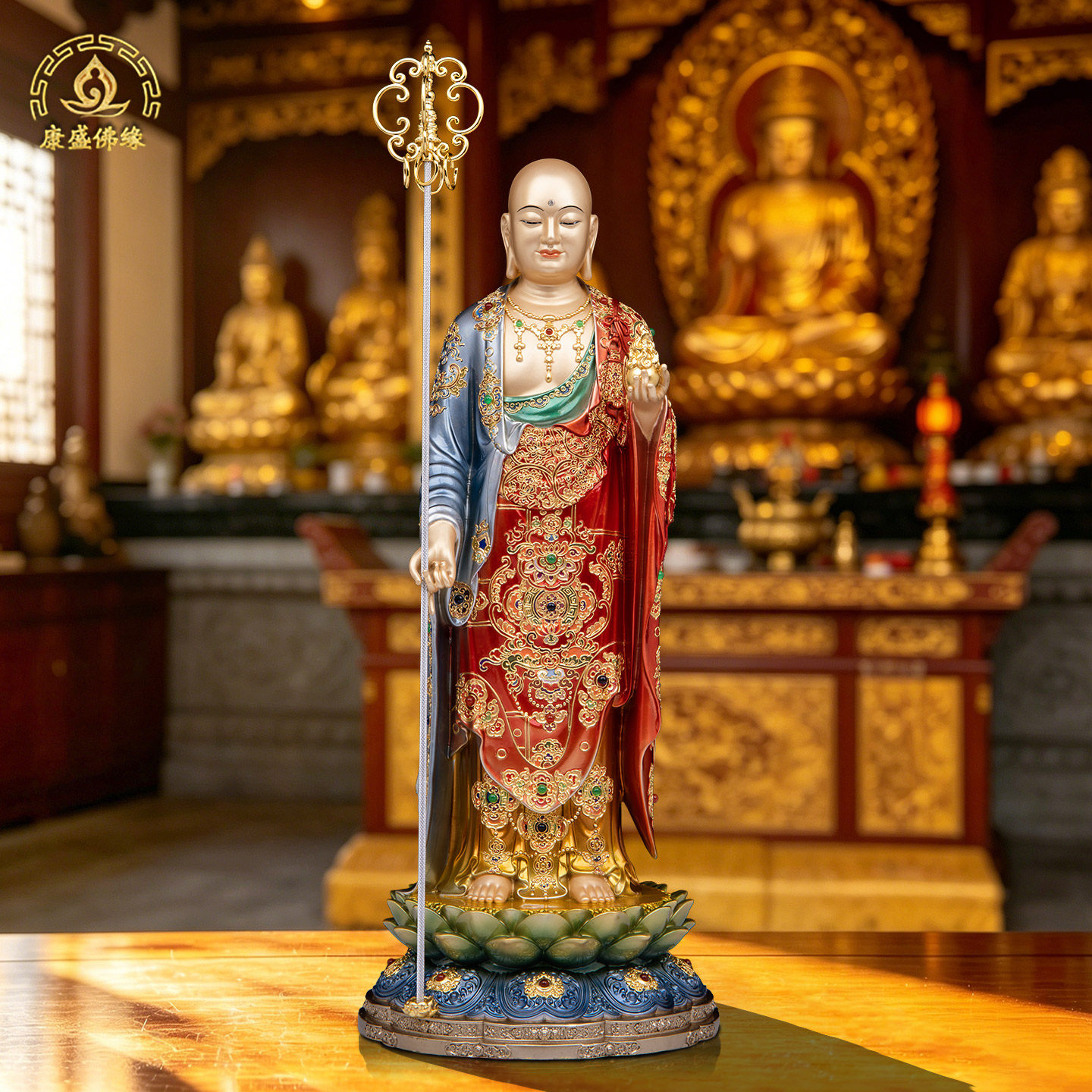 站地藏王佛像黄铜漆线彩佛堂摆件