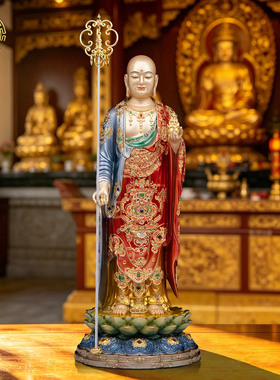 站地藏王佛像黄铜漆线彩佛堂摆件