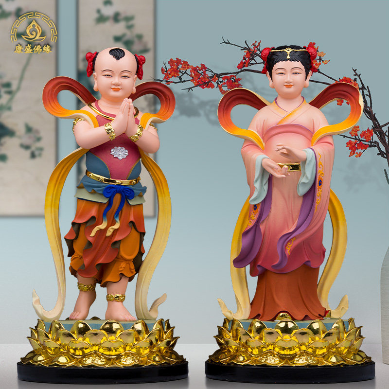 金童玉女神像善财童子龙女观音伺从树脂佛像古彩居家工艺品摆件
