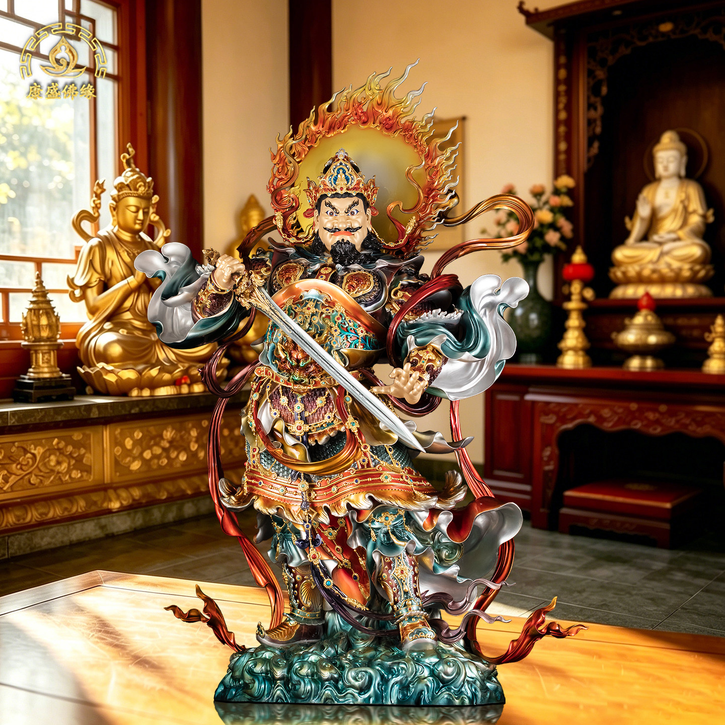 增长天王神像黄铜珐琅彩供奉摆件