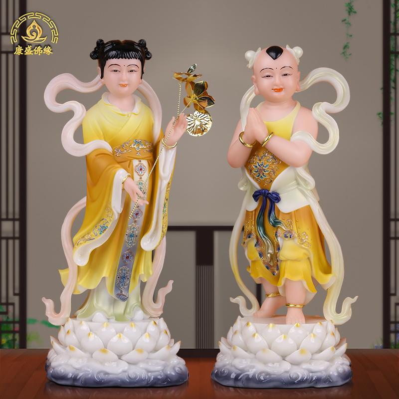 善财童子龙女佛像汉白玉金童玉女观世音菩萨左右童男童女家用摆件