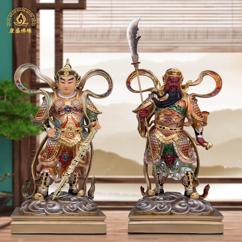 伽蓝韦陀菩萨佛像全铜手工彩绘站关公财神像韦驮左右护法桌面摆件