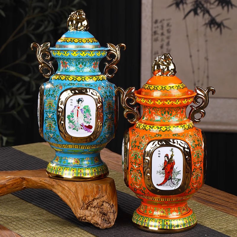 珐琅彩四大美女陶瓷空酒瓶5斤景德镇酒坛高端密封白酒罐酒柜摆件