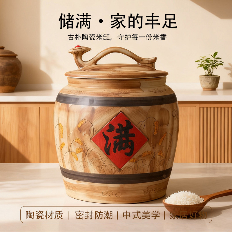 景德镇陶瓷复古米缸10斤20斤30斤50斤储米陶瓷罐米桶密封防潮缸子