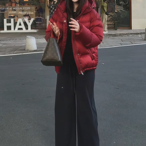 冬季加厚连帽短款女红色保暖外套