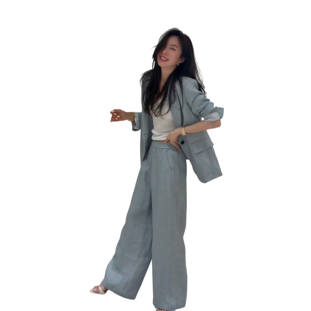 2026春季新款韩系优雅复古减龄穿搭灰色西装外套直筒裤两件套装女