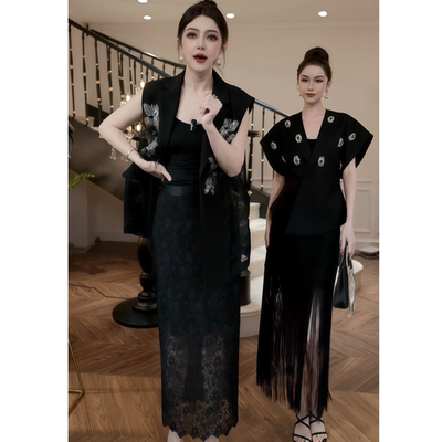 绣花蕾丝拼接马甲长款半身裙套装