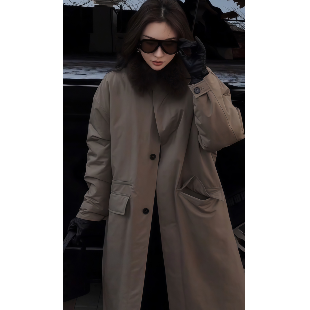 长款浅灰色毛绒夹棉款风衣外套女