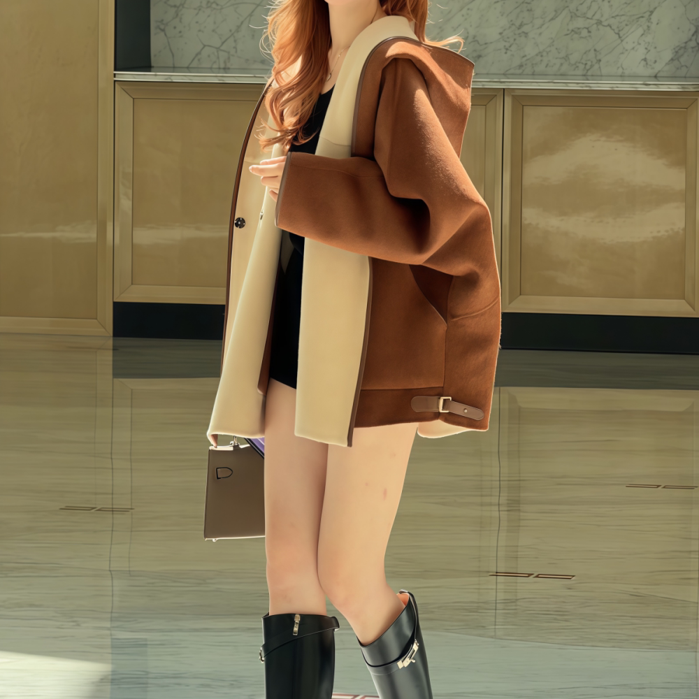 纯色撞色连帽直筒翻领毛呢外套女