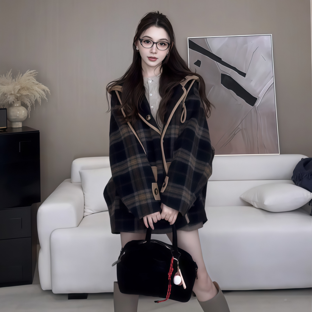 中长款藏青色格纹长袖毛呢外套女