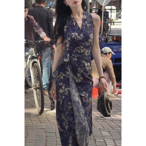 2026年新款时尚夏季法式无袖碎花长款连衣裙显瘦轻熟气质亚麻裙女