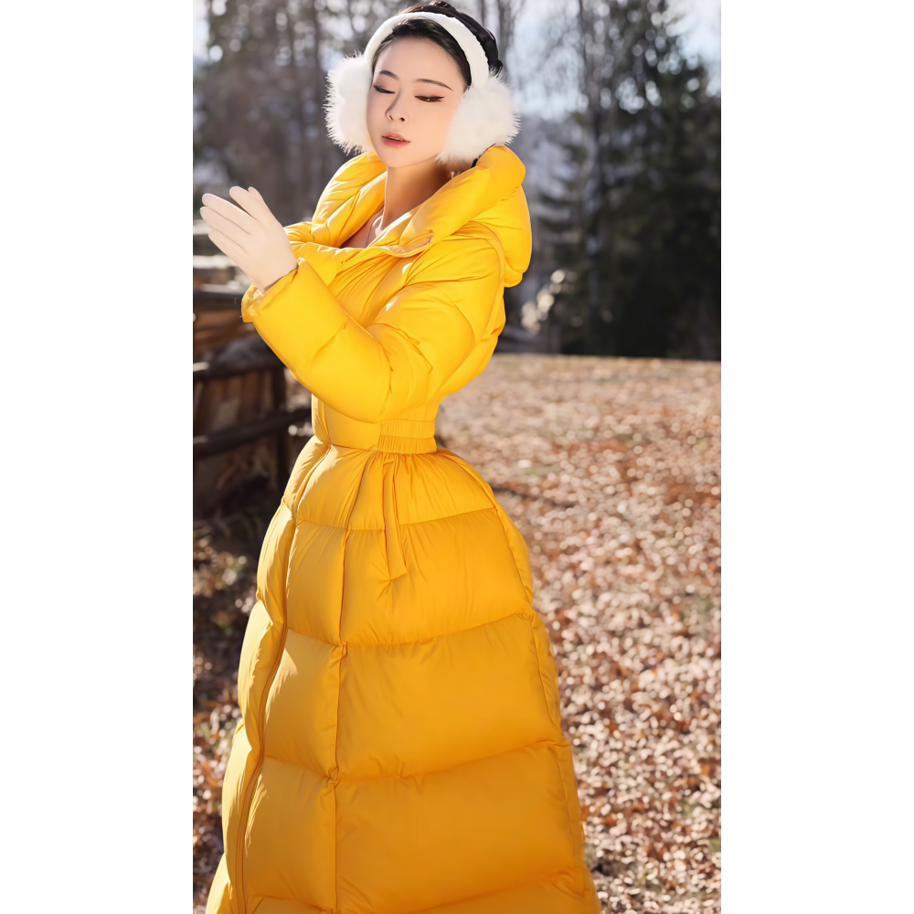 2026年春季新款韩系气质休闲减龄长款纯色连帽收腰羽绒大衣外套女