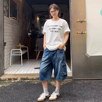 夏季美式休闲痞帅高端外贸大口袋工装牛仔短裤男宽松潮牌七分裤子