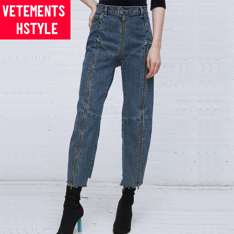 VETEMENTS HSTYLE蓝色拉链牛仔裤裤脚不对称休闲宽松百搭长裤女潮