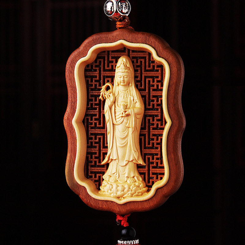 高档天然黄杨木雕观音汽车挂件保平安观世音菩萨车内挂饰装饰吊坠