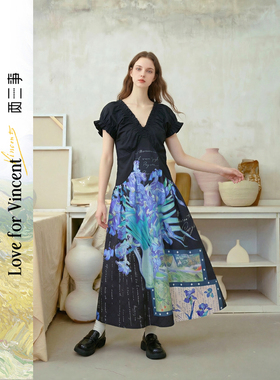 【甜甜粉丝专享】两三事梵高文艺 旧梦如歌 复古v领印花a字连衣裙