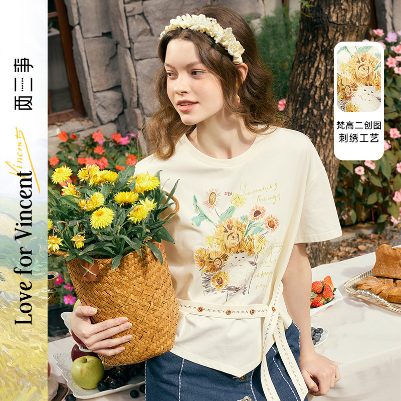 两三事梵高文艺葵焰喵憩春 不规则印花短袖t恤图片
