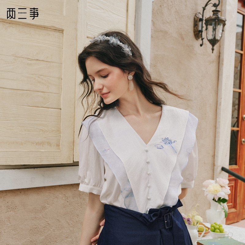 两三事莫奈系列隅白隐序双层大翻边海军领刺绣衬衫图片