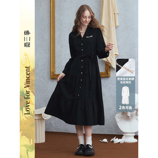 两三事梵高文艺磨坊舞会字母刺绣绑带衬衫裙连衣裙