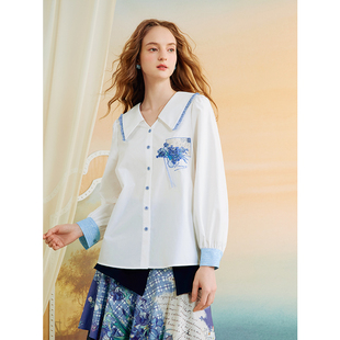 【婷仔推荐】两三事梵高文艺恋语情书文艺风贴布绣长袖衬衫