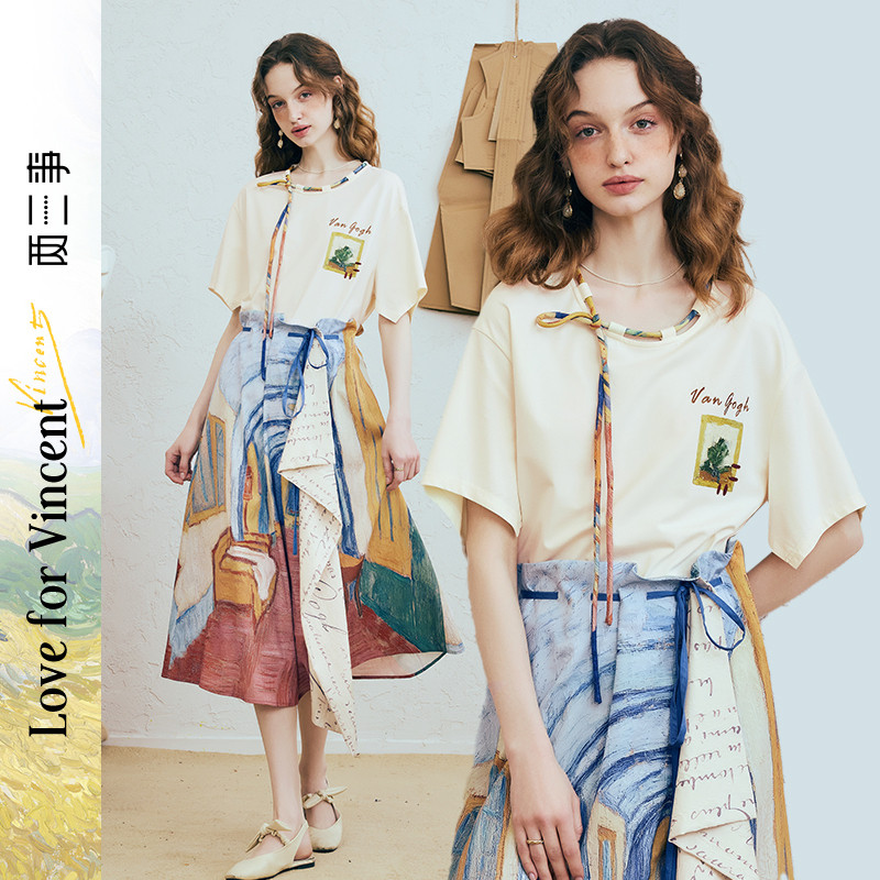 两三事梵高文艺弦外智音彩绳绑带领短袖t恤图片