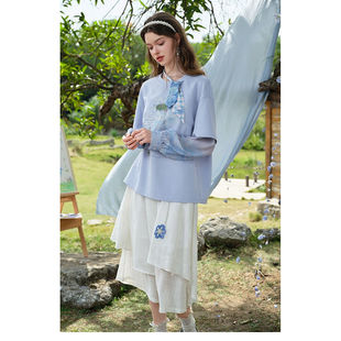 【婷仔推荐】两三事柔光缱绻油画印花绑带袖假两件t恤