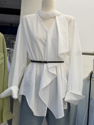 欧洲站2026新款不对称飘带领长袖衬衫女百搭宽松设计感上衣26150